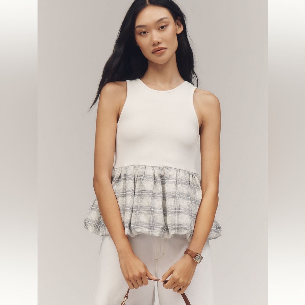 Anthropologie White Tank Peplum Top with Gray Plaid Ruffle